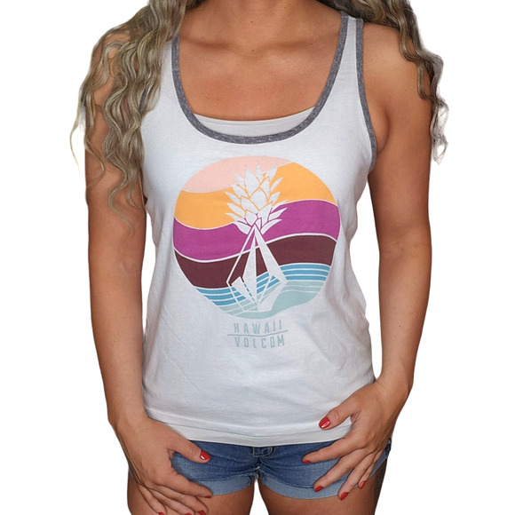Volcom Tank Top Womens Medium White Hawaii Hawaiian Pineapple Surf Wave Graphic - Picture 1 of 10